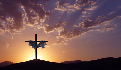 Christian cross over beautiful sunset background - 113589056