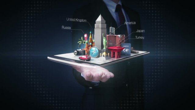 Businessman open palms, city travel application, Prepare to travel for summer vacation, tour on smart pad, mobile, smart phone.tablet