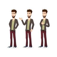 Young man with beard. Bearded Vector Character In 3 Poses