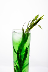a refreshing cocktail with leaves of tarragon and ice