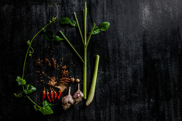 Herbs and spices around empty cutting board on dark stone backgr