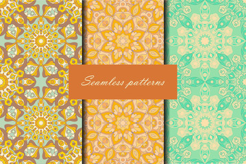 Set with three seamless patterns. Decorative vintage patterns with mandalas. Vector backgrounds