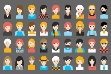 Mega set of diverse people heads, avatars. Different clothes, hair styles. Flat stylized cartoon vector.