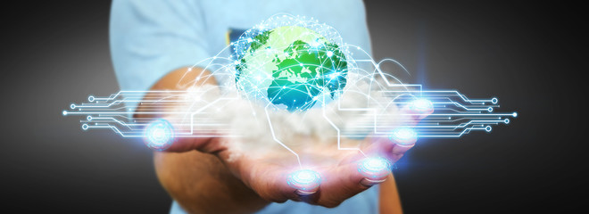 World and cloud connections in businessman hand © sdecoret