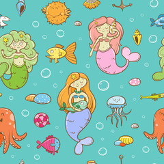 Seamless  pattern with cute cartoon mermaids,  octopus, jellyfish, fish and seashells  on blue  background. Underwater life. Children's illustration. Vector image.