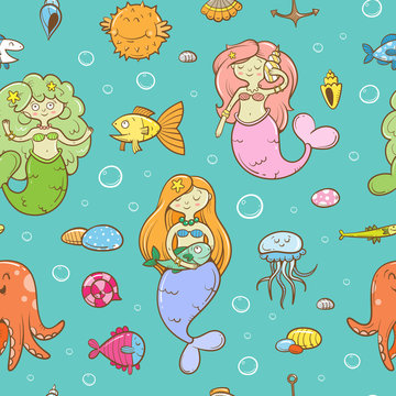 Seamless  pattern with cute cartoon mermaids,  octopus, jellyfish, fish and seashells  on blue  background. Underwater life. Children's illustration. Vector image.