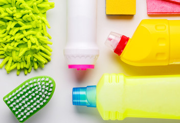 House cleaning products on white table