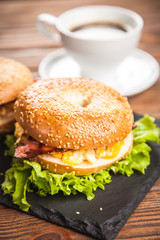 Bagel with bacon and egg