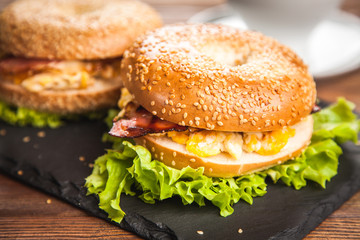 Bagel with bacon and egg