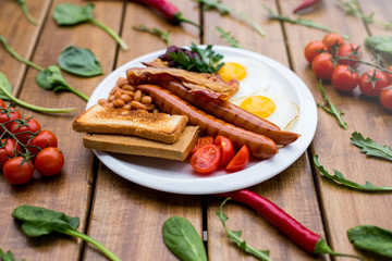 English breakfast. Eggs, bacon, beans.