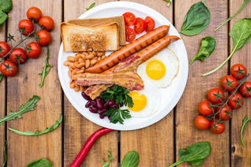 English breakfast with sausage, eggs and beans