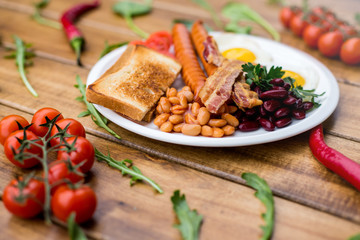 English breakfast: fried egg, bacon, beans and toast on a plate close-up