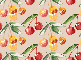 watercolor hand made cherry  fruit  illustration. paint drawn im