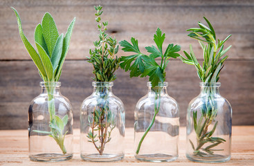 Bottle of essential oil with herbs rosemary, sage,parsley  and t