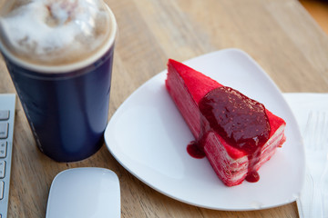 Crepe cake with strawberry in office
