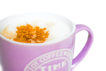 Kaffeetasse mit Milchschau und Zimt, freigestellt