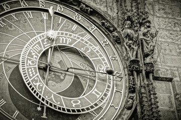 Old astronomical clock in the center square of Prague, Czech Republic