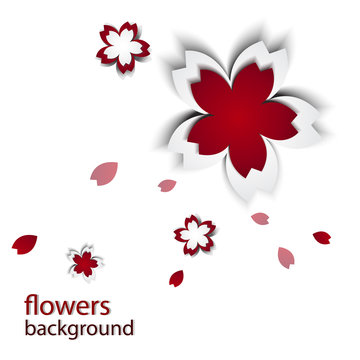 Abstract background with paper flowers and place for text. Vector illustration. Sakura on white background. Red Cherry blossoms cutout paper vector flower