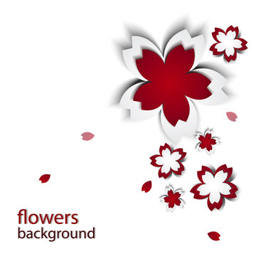 Abstract background with paper flowers and place for text. Vector illustration. Sakura on white background. Red Cherry blossoms cutout paper vector flower