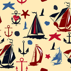 Vintage seamless back with blue ships shells and anchors