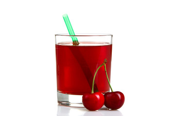 cherry juice in a glass with cocktail straw on a white isolated background with reflection