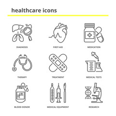 Healthcare and medical vector icons set: diagnosis, first-aid, m