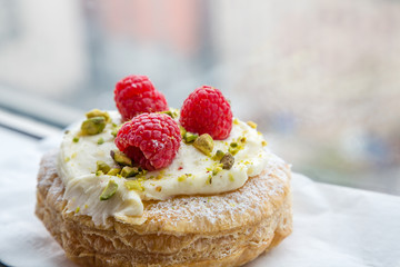 Fresh Pastry with Raspberries and Pistachios