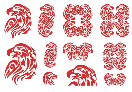 Tribal flaming aggressive eagle symbols. The set of the burning eagle heads, double eagle symbols and eagle frames, great for vehicle graphics, stickers and t-shirt designs