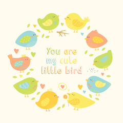 Lovely frame with cartoon cute birds, hearts and tree branches.