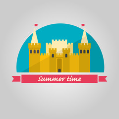 Sand castle illustration in flat style on blue background. Summer time illustration.