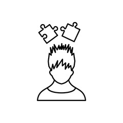 Man with puzzles over head icon, outline style