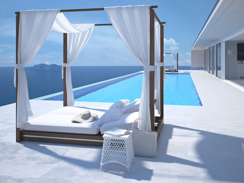 luxury swimming pool in santorini. 3d rendering