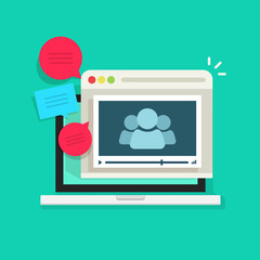 Online video conference vector icon isolated, abstract group of people in laptop video player speaking, talking, video call technology, online meeting communication concept, webinar icon