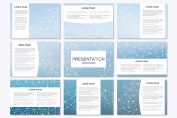 Set of modern business presentation templates in A4 size. Connection structure. Abstract background with molecule DNA and neurons