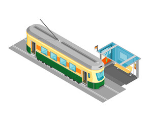 Isometric vector illustration of a tram and shelter.
Tram with tram stop icon.
