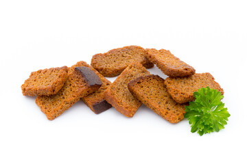 Bread croutons isolated on a white background.