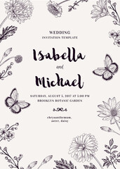  Invitation with butterflies and flowers.