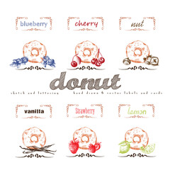 Donuts hand drawn collection. Vector vintage illustration with cherry, blueberry, vanilla, nut, strawberry, lemon and letter elements.