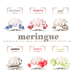 Meringue hand drawn collection. Vector vintage illustration with cherry, blueberry, vanilla, nut, strawberry, lemon and letter elements.