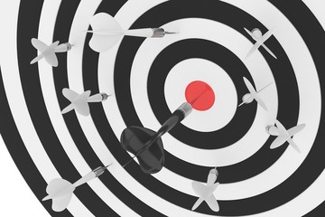 Darts board with red center on white background. 3D rendering.