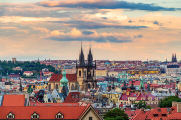 Famous scene, cityscape of Prague, Czech Republic. Towers of Church Of Our Lady Before Tyn In Old Town Square.