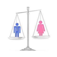 Isolated old fashioned silver pan scale with colorful man and woman on white background. Gender inequality. Equality of sexes. Law issues. Silver model. 3D rendering.