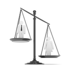 Isolated old fashioned pan scale with man and woman on white background. Gender inequality. Female is heavier. Law issues. Silver model. 3D rendering.