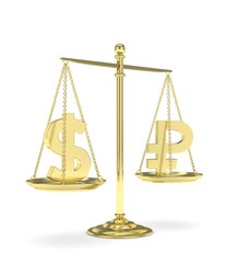 Isolated old fashioned pan scale with dollar and ruble on white background. American and russian currency. Currency equality. 3D rendering.