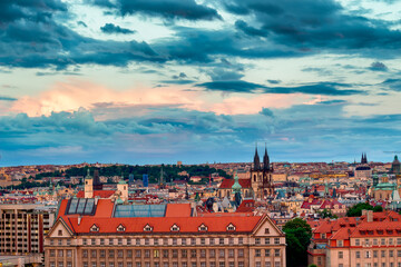Naklejka na ściany i meble Famous scene, cityscape of Prague, Czech Republic. Towers of Church Of Our Lady Before Tyn In Old Town Square.