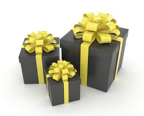 three gift boxes with bows isolated on white. 3d rendering.