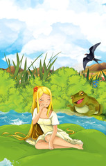 Obraz na płótnie Canvas Cartoon fairy tale scene with a young little girl on a leaf and happy frog on shore - illustration for children