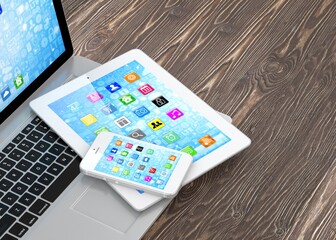 Laptop, phone and tablet pc. 3d rendering.