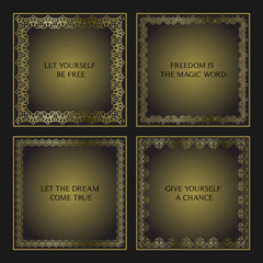 Set of four decorative calligraphic  frames. Collection of square design templates. Golden outline decor.Mono line vector illustration.