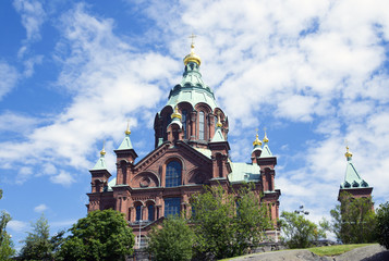 Fototapeta na wymiar Uspenski Cathedral is an Eastern Orthodox cathedral in Helsinki, Finland